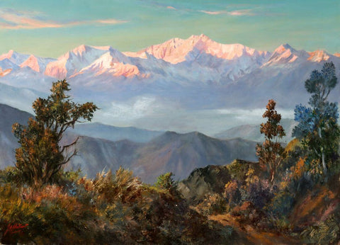 Kanchanjunga Range Sunset from Darjeeling - Mary Hulbert - Mountain Landscape Art Painting - Framed Prints by Mary Hulbert