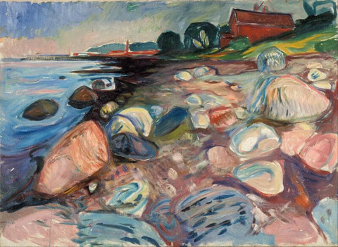 Shore With Red House - Large Art Prints by Edvard Munch