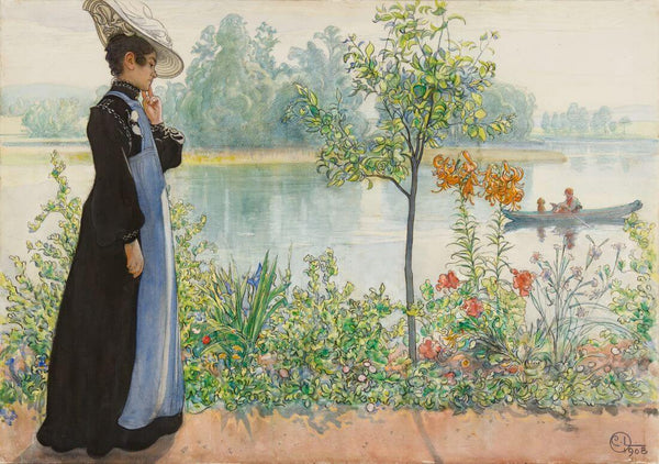 Karin By The Shore - Carl Larsson - Water Colour Impressionist Art Painting - Art Prints