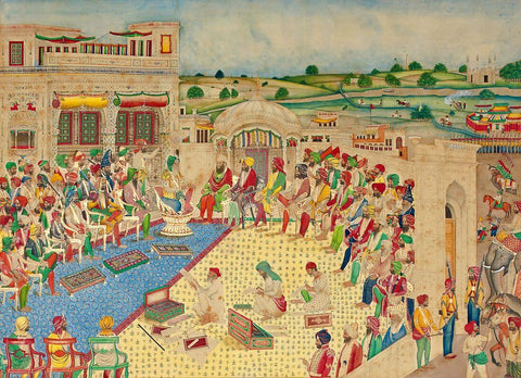 Katibs Noting Events At The Court of Maharaja Ranjit Singh - Bishan Singh - 19th Century Vintage Indian Sikh Royalty Painting by Indian Art