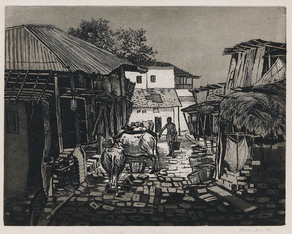 Khataal (Cow Shed) - Haren Das Etching - Indian Art Painting - Framed Prints