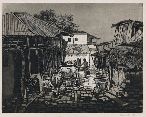 Khataal (Cow Shed) - Haren Das Etching - Indian Art Painting - Framed Prints