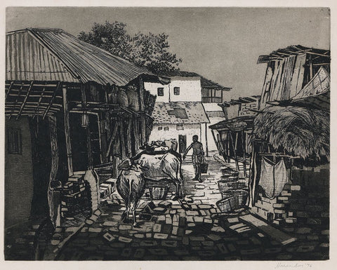 Khataal (Cow Shed) - Haren Das Etching - Indian Art Painting - Canvas Prints