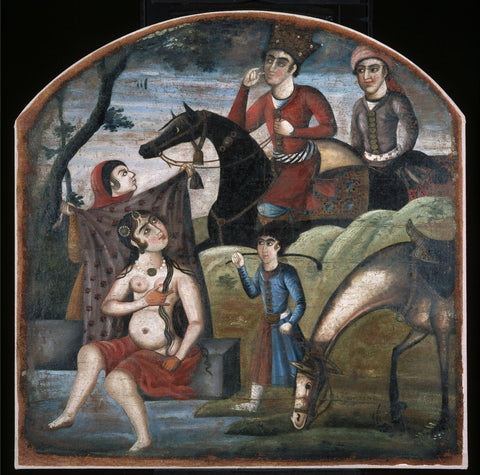 Khusraw Discovers Shirin Bathing - Islamic Miniature Painting 18th Century - Large Art Prints by Sha na