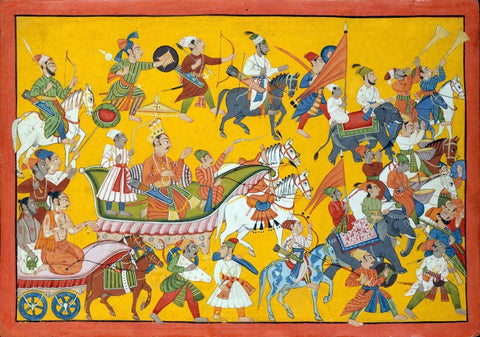 King Dasaratha and His Retinue Proceed to Rama's Wedding - Punjab School c1690 - Indian Vintage Miniature Ramayan Painting - Large Art Prints by Raghuraman | Buy Posters, Frames, Canvas & Digital