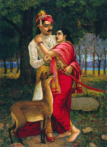 King Dushyanta Proposing Marriage With A Ring To Shakuntala - Raja Ravi Varma - Posters by Raja Ravi Varma