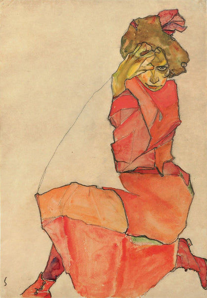 Kneeling Female in Orange-Red Dress - Egon Schiele - Canvas Prints