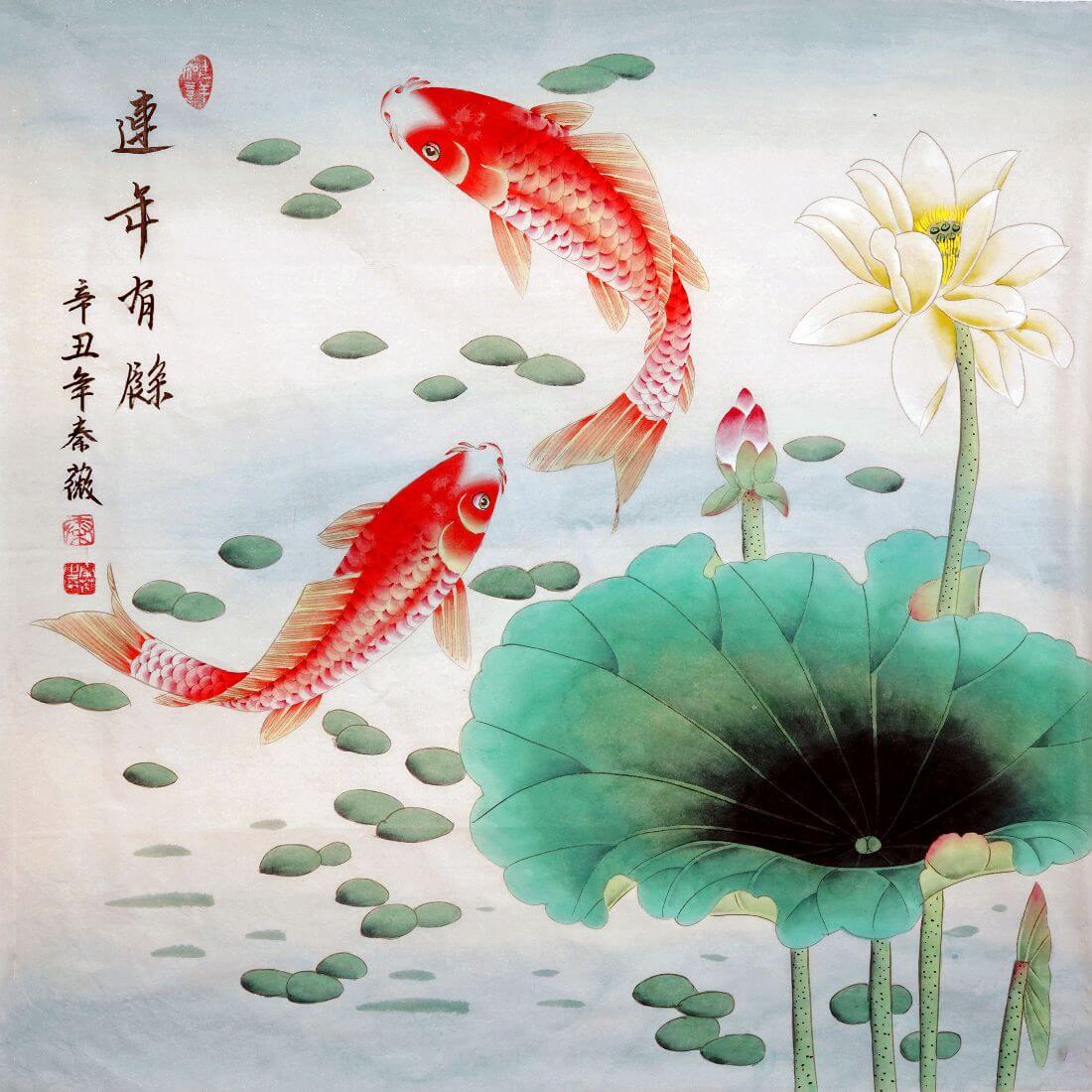 Koi Fish With Lotus - Feng Shui Gongbi Painting - Framed Prints by