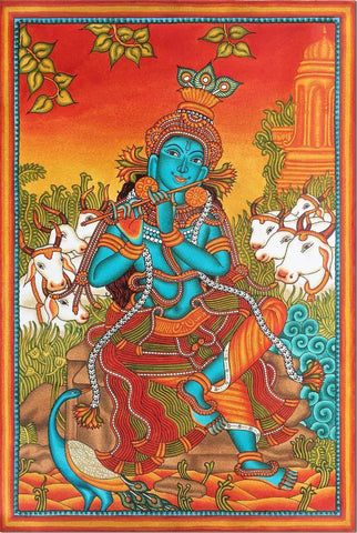 Krishna - Kerala Mural - Folk Art Painting - Large Art Prints by Tallenge