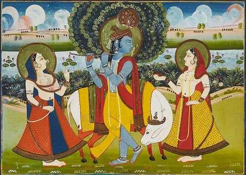 Krishna And Gopis With Sacred Cow - Rajasthan School - C. 1800- Vintage Indian Miniature Art Painting by Miniature Vintage