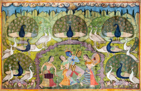 Krishna And Musicians - Rajasthan 19th Century Vintage Picchvai Art Painting - Posters by Tallenge