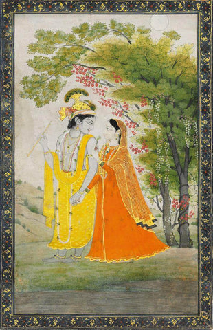 Krishna And Radha - Kangra Punjab School c1810 - Century Vintage Indian Painting - Large Art Prints by Tallenge