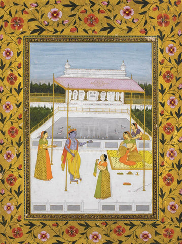 Krishna And Radha With Attendants In A Palace Garden - Ragamala - C.1760 -  Vintage Indian Miniature Art Painting - Large Art Prints