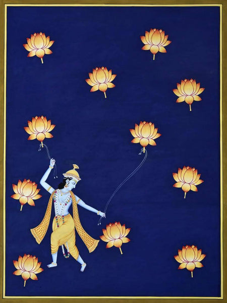 Krishna Dancing With Lotus - Contemporary Pichwai Painting - Framed Prints