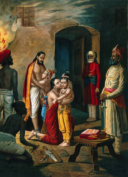 Krishna Freeing his Parents (Vasudeo and Devki) from Prison - Raja Ravi Varma - Indian Masterpiece Painting - Posters