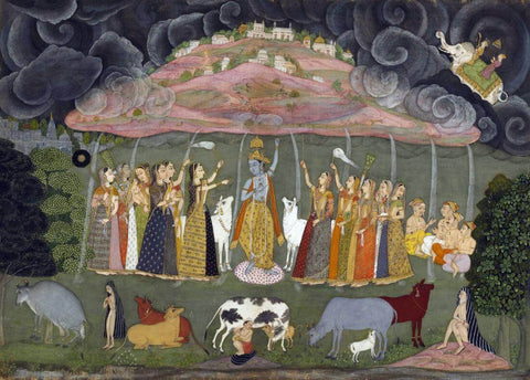 Krishna Govardhan Mountain - Ustad Sahibdi c1690 Vintage Indian Art Painting - Life Size Posters