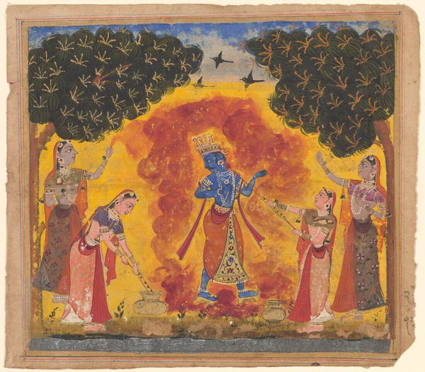 Krishna Sprayed With Colored Water At The Holi festival - Nagaur School, ca. 1650-1675 - Vintage Indian Miniature Art Painting - Framed Prints