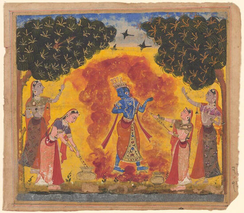 Krishna Sprayed With Colored Water At The Holi Festival - Nagaur School, ca. 1650-1675 - Vintage Indian Miniature Art Painting by Miniature Art