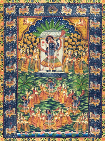 Krishna Raas Leela  - Vintage Picchvai Art Painting Pichwai - Large Art Prints by Tallenge