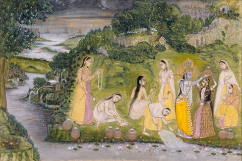 Krishna Radha Gopis On The Bank Of A River - Kishangarh Rajasthan School 1750 - Vintage Indian Miniature Art Painting - Art Prints