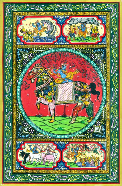 Krishna Seated on Horse Made of Lady Figures (Nari Kunjar) - Madhubani Painting - Art Prints