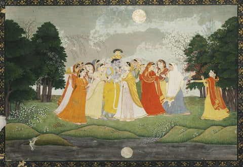 Krishna Surrounded By Gopies - Guler School 19th Century Kangra Painting - Vintage Indian Miniature Art Painting - Canvas Prints