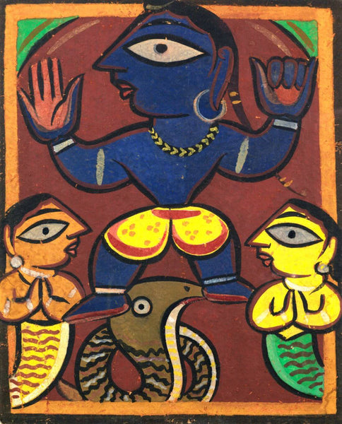 Krishna Vanquishing Kaliya Snake - Jamini Roy - Bengal Art Painting - Canvas Prints
