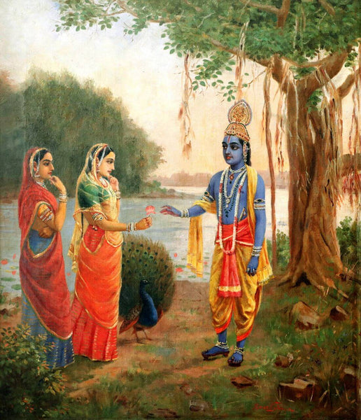 Krishna With Radha - Raja Ravi Varma - Vintage Indian Art Painting - Large Art Prints