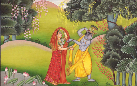 Krishna Adorns His Beloved Radha in Vrindavana by Anonymous Artist