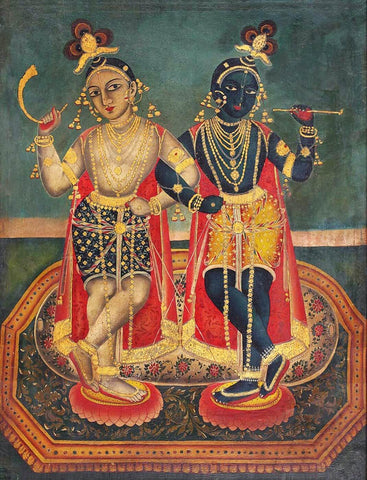 Krishna And Balaram - Dutch Bengal School -18th Century Vintage Indian Art - Canvas Prints by Jai