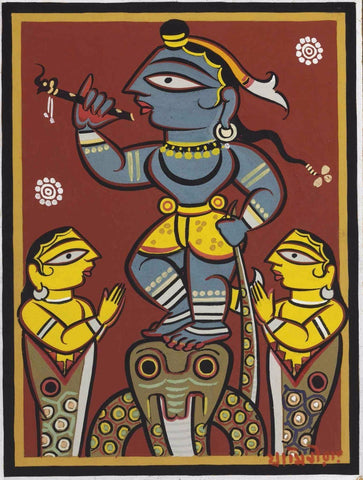 Krishna Collection - Indian Art - Kalighat Style - Jamini Roy - Krishna Blessing Snake Kaliya - Canvas Prints