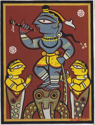 Krishna Collection - Indian Art - Kalighat Style - Jamini Roy - Krishna Blessing Snake Kaliya - Framed Prints
