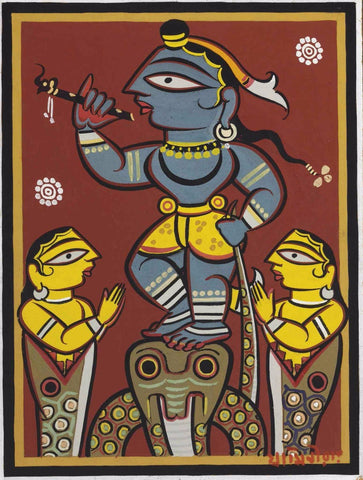 Krishna Collection - Indian Art - Kalighat Style - Jamini Roy - Krishna Blessing Snake Kaliya by Dheeraj