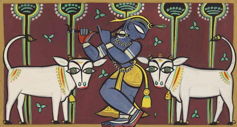 Krishna Collection - Indian Art - Kalighat Style - Jamini Roy - Krishna Playing Flute with His Pets by Dheeraj