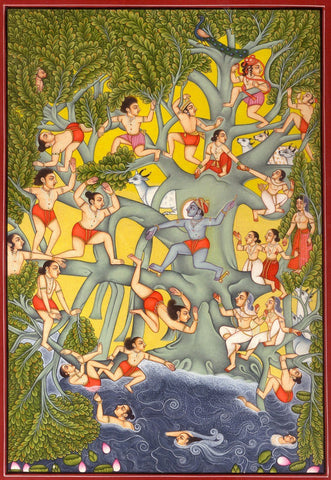 Krishna Collections - Indian Art - Mural Paintings - Krishna with Cowherds - Art Prints by Dheeraj