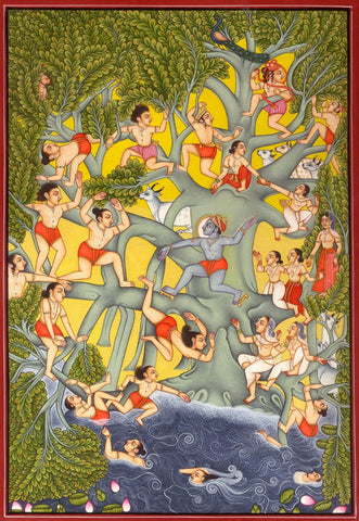 Krishna Collections - Indian Art - Mural Paintings - Krishna with Cowherds by Dheeraj