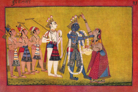 Krishna Cures Kubja (The Hunchbacked Woman Trivakra) - Vintage Indian Painting 18th Century - Art Prints by Jai
