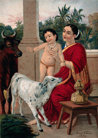 Krishna Kreeda - Krishna on Yashodas Lap - Raja Ravi Varma Oleograph Print - Indian Masters Painting by Raja Ravi Varma