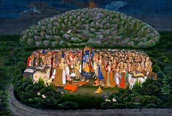 Krishna Lifting Mount Govardhan - Art Prints