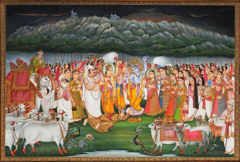 Krishna Lifting Mount Govardhan On His Little Finger - Indian Painting - Art Prints by Jai