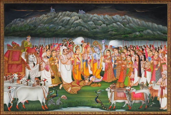 Krishna Lifting Mount Govardhan On His Little Finger - Indian Painting - Framed Prints
