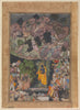 Indian Miniature Paintings - Mughal Paintings - Krishna Holds Up Mount Govardhan to Shelter the Villagers of Braj - Framed Prints
