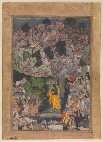 Indian Miniature Paintings - Mughal Paintings - Krishna Holds Up Mount Govardhan to Shelter the Villagers of Braj - Large Art Prints by Kritanta Vala