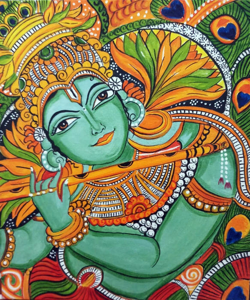 Krishna Playing Flute - Kerala Mural - Canvas Prints