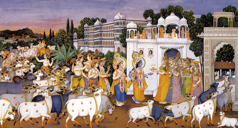 Krishna and Balaram with a Herd of Cows - Framed Prints by Anonymous Artist