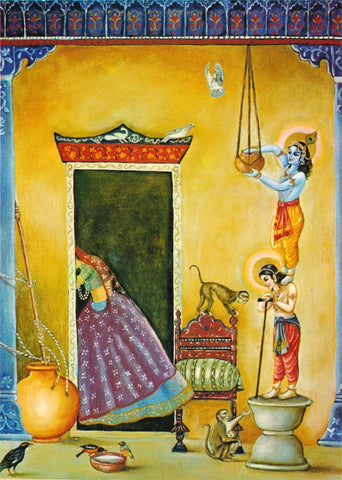 Krishna and Friends Stealing Butter - Vintage Indian Painting - Art Prints by Jai