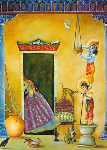Krishna and Friends Stealing Butter - Vintage Indian Painting by Jai