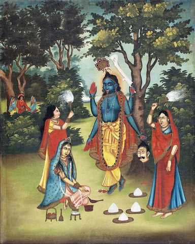 Krishna as Kali Worshipped by Radha - Vintage Indian Art - Art Prints