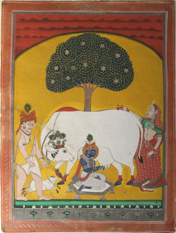 Indian Miniature Art - Krishna Milking Cow by Kritanta Vala