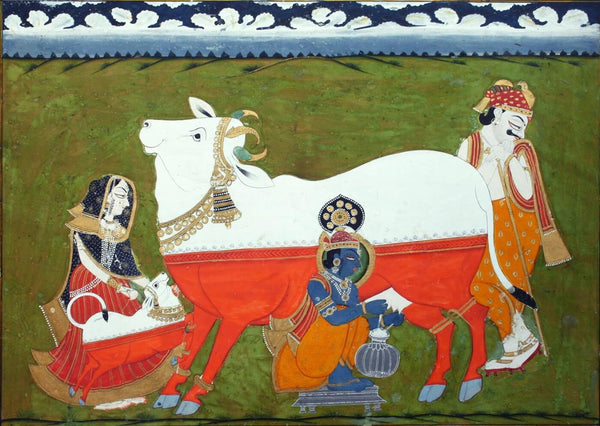 Krishna Milking Cow, Accomanied By Parents Yashoda And Nanda - Marwar c1840 - Indian Vintage Miniature Painting - Canvas Prints
